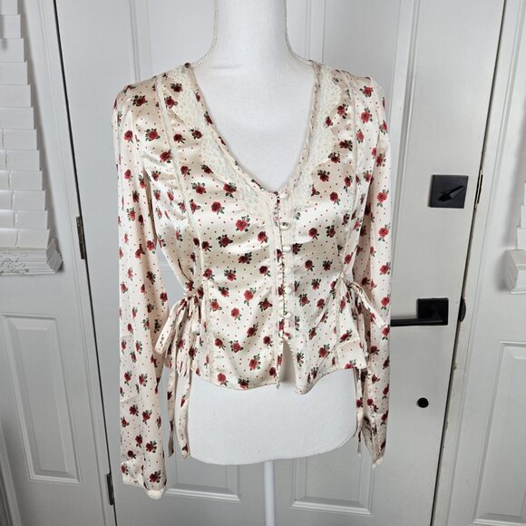 Free People Field‎ Of Roses Satin Lace Top XS Cream Red Coquette Peasant NWT - Picture 1 of 16
